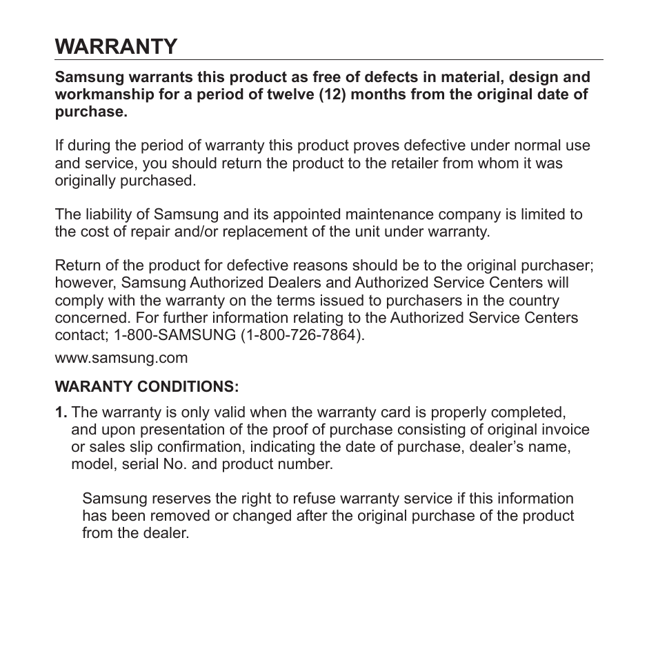 Warranty | Samsung YP-S3JAB-XAA User Manual | Page 96 / 101