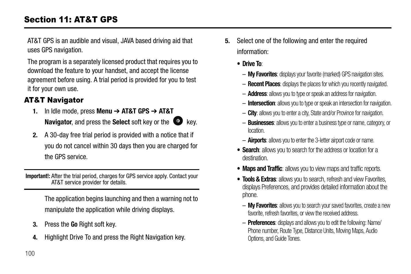 Section 11: at&t gps, At&t navigator | Samsung SGH-A767LBAATT User Manual | Page 104 / 164