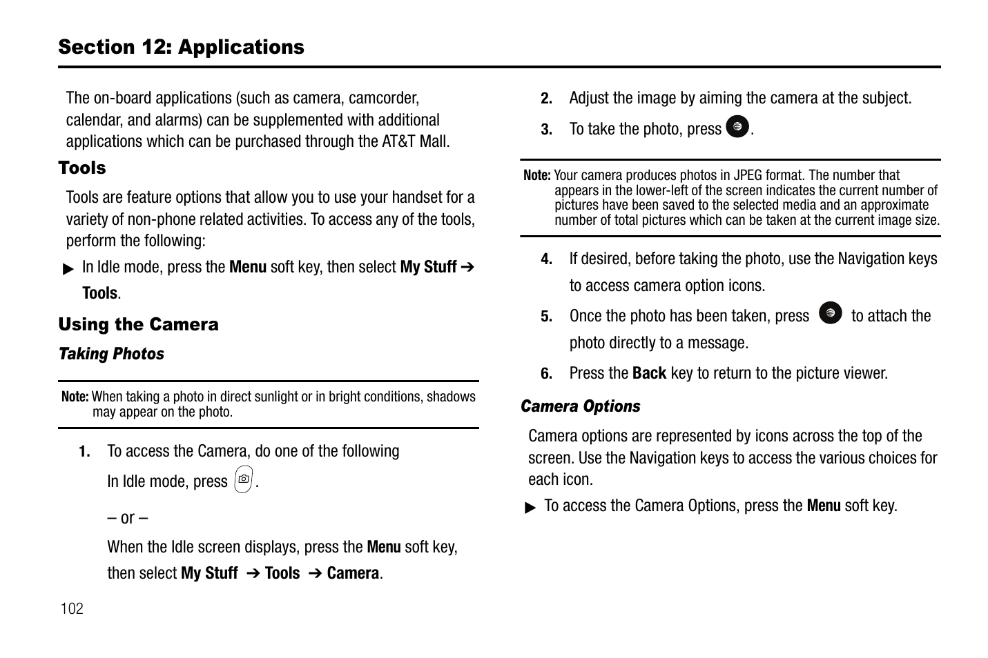Section 12: applications, Tools using the camera | Samsung SGH-A767LBAATT User Manual | Page 106 / 164