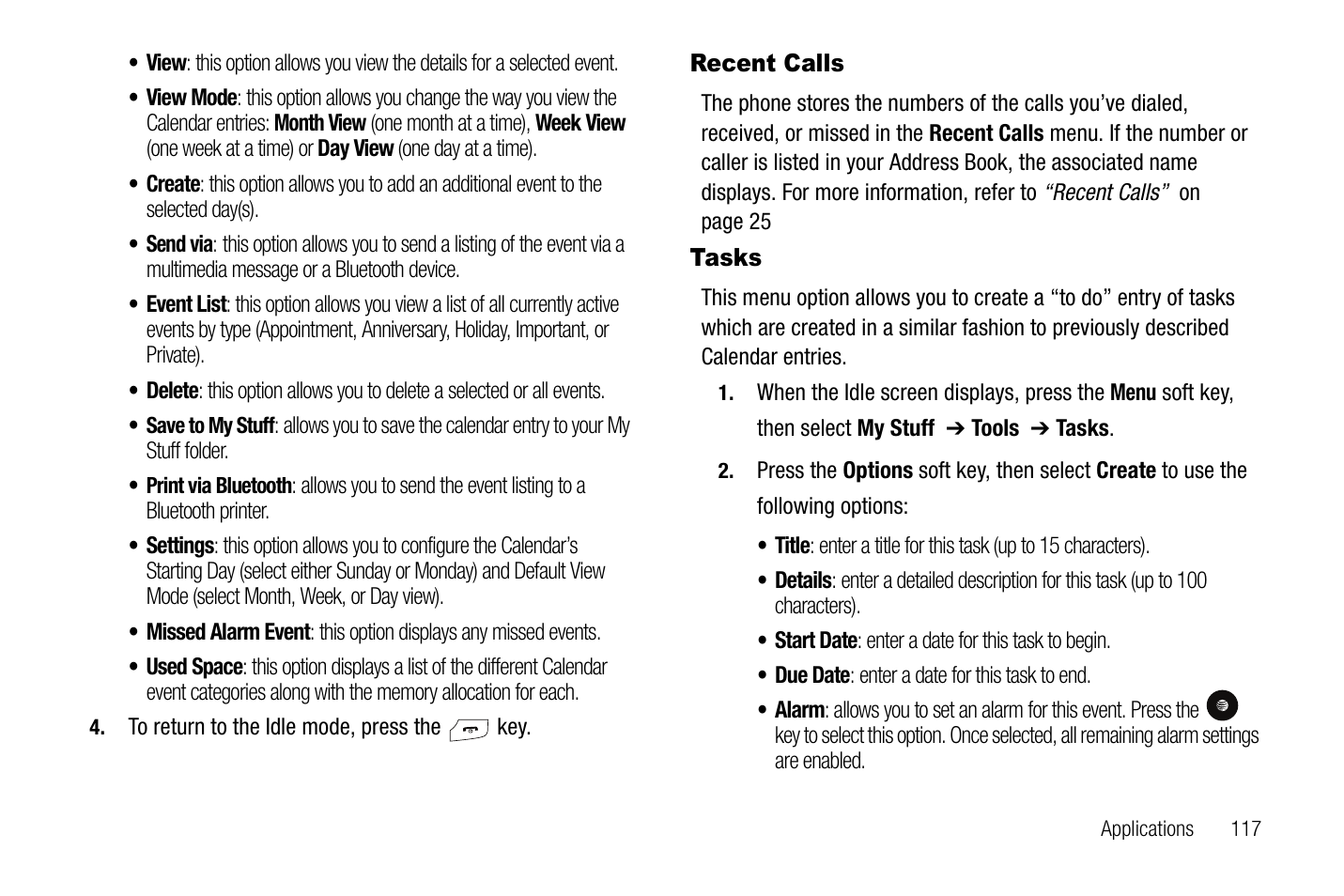 Recent calls tasks | Samsung SGH-A767LBAATT User Manual | Page 121 / 164