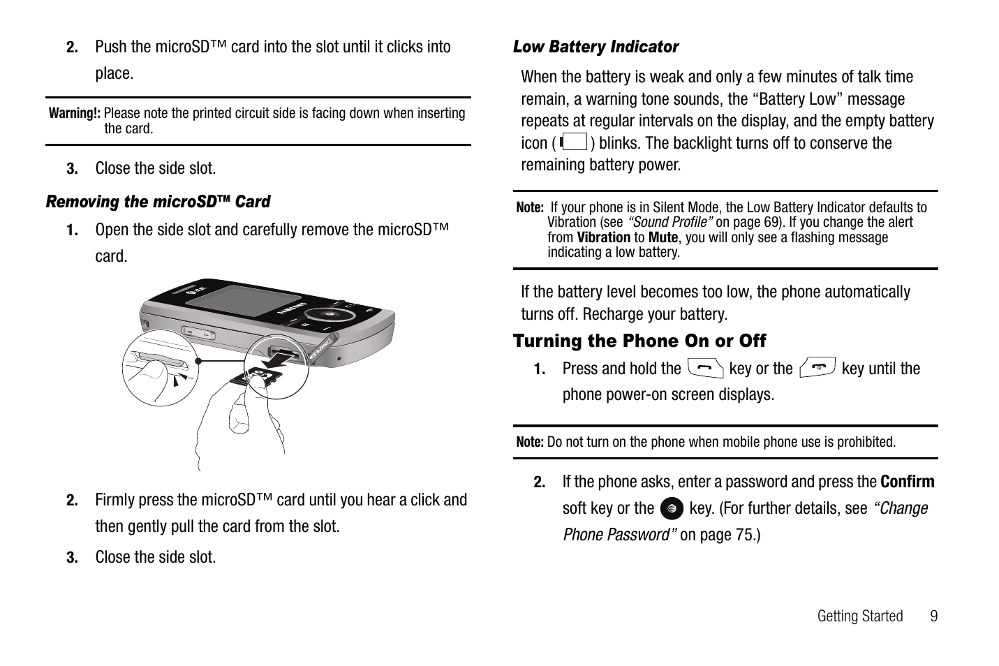 Turning the phone on or off | Samsung SGH-A767LBAATT User Manual | Page 13 / 164