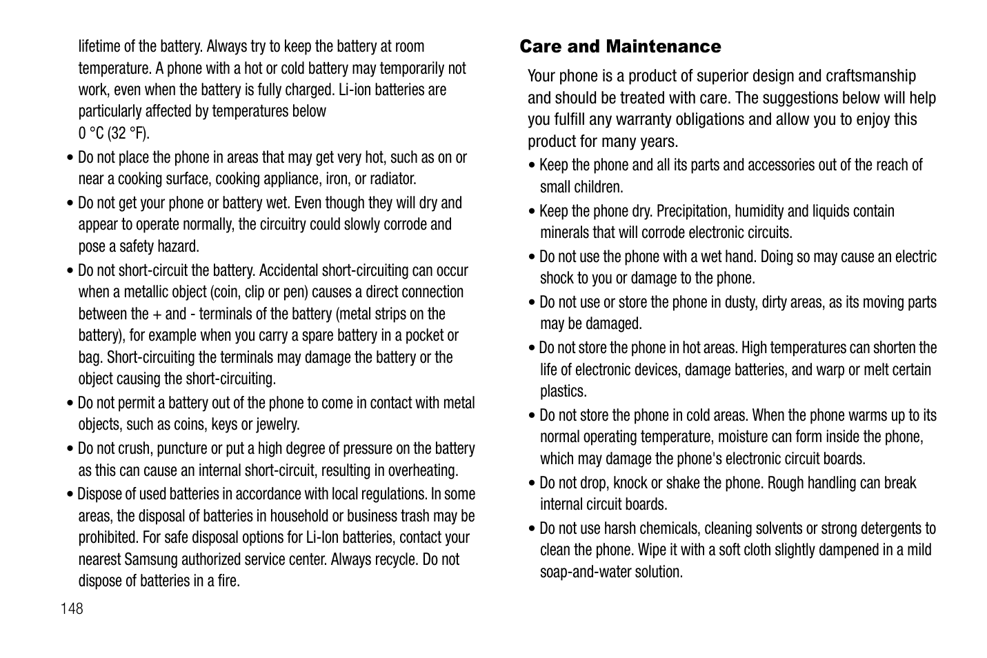 Care and maintenance | Samsung SGH-A767LBAATT User Manual | Page 152 / 164