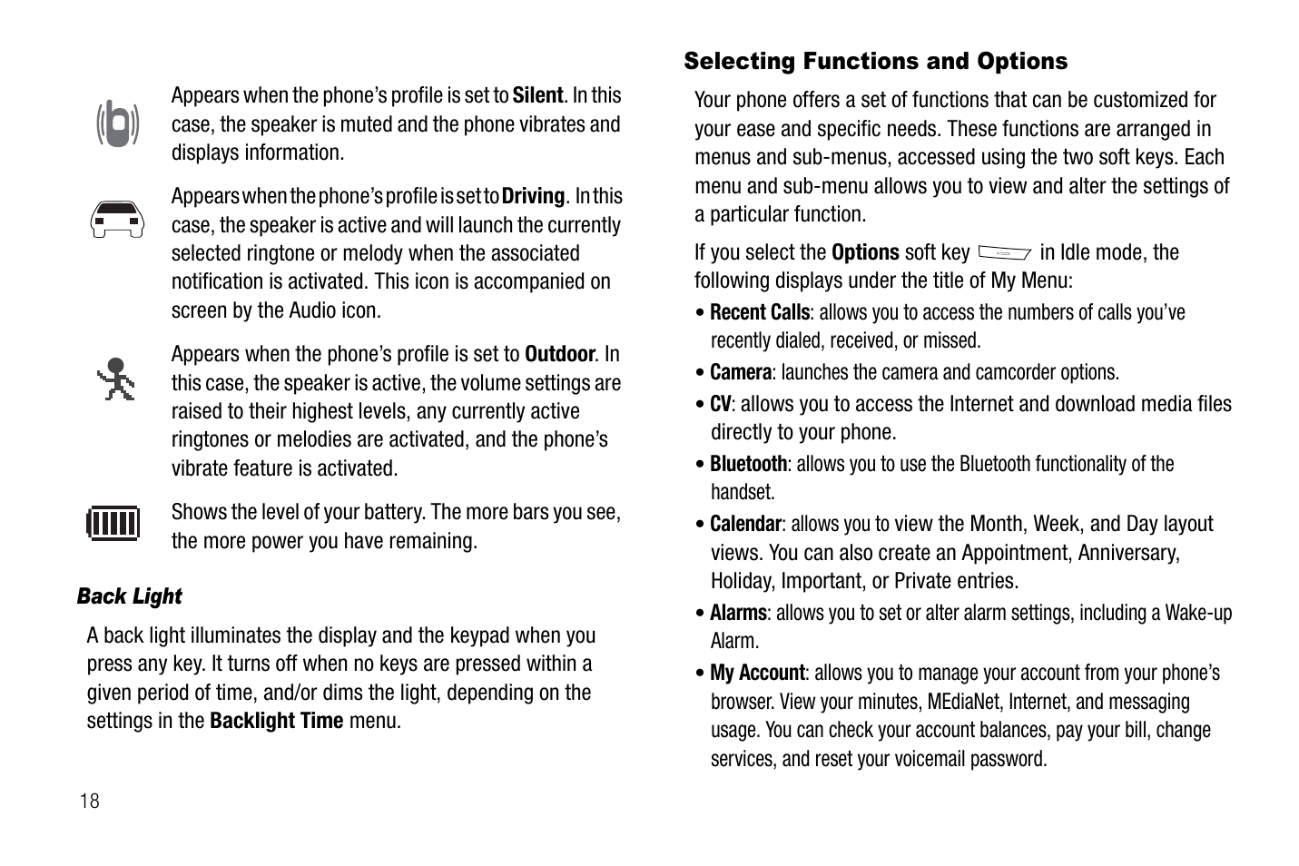 Selecting functions and options | Samsung SGH-A767LBAATT User Manual | Page 22 / 164