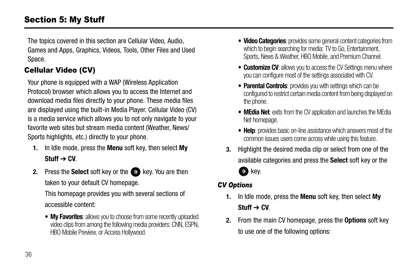 Section 5: my stuff, Cellular video (cv) | Samsung SGH-A767LBAATT User Manual | Page 40 / 164