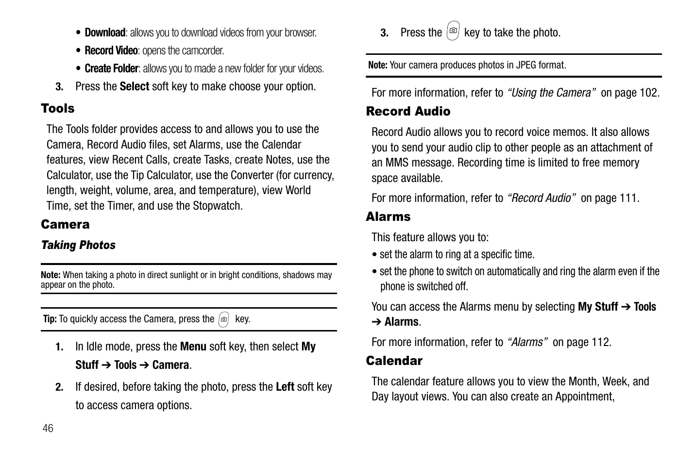 Tools camera record audio alarms calendar | Samsung SGH-A767LBAATT User Manual | Page 50 / 164