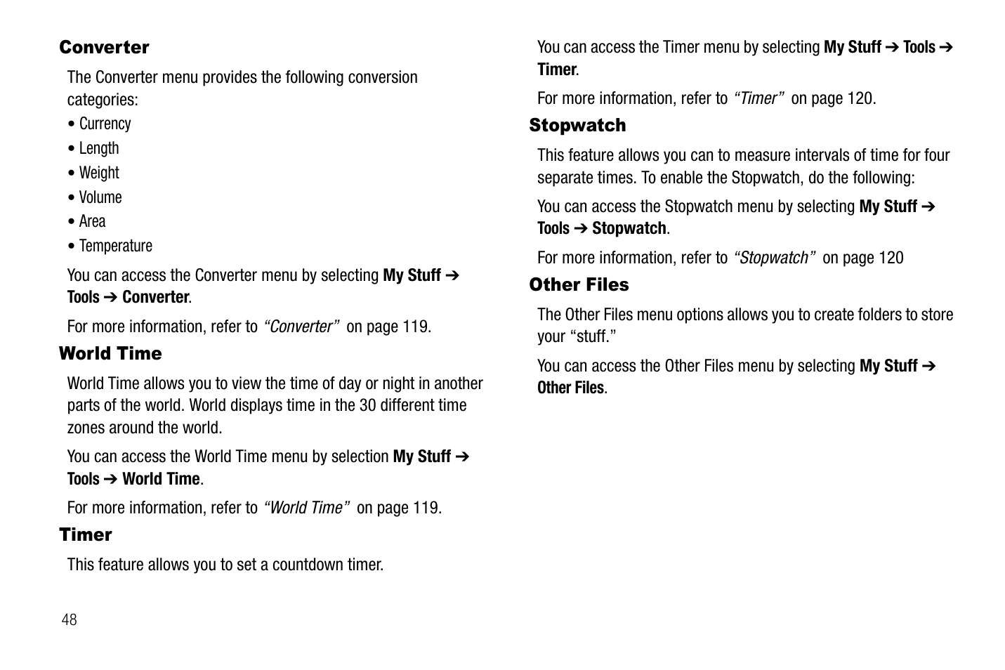 Converter world time, Timer stopwatch other files | Samsung SGH-A767LBAATT User Manual | Page 52 / 164