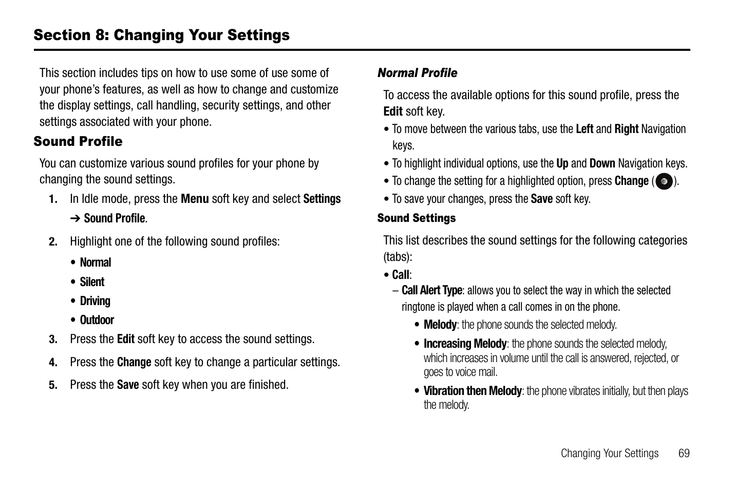 Section 8: changing your settings, Sound profile | Samsung SGH-A767LBAATT User Manual | Page 73 / 164
