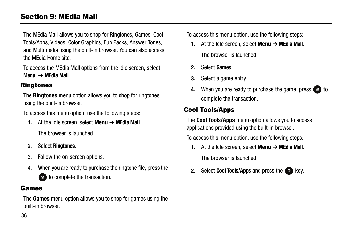 Section 9: media mall, Ringtones games cool tools/apps | Samsung SGH-A767LBAATT User Manual | Page 90 / 164