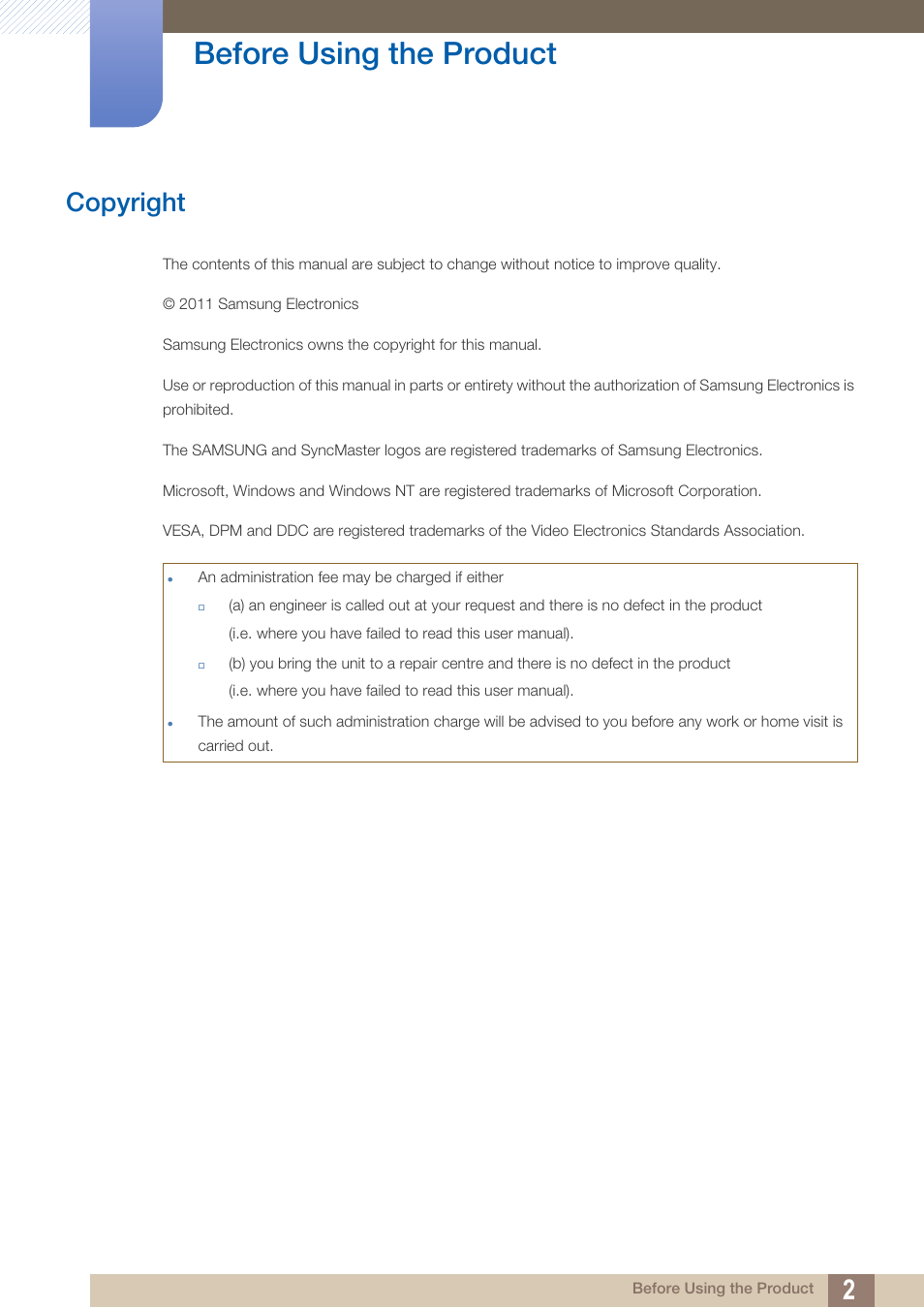 Before using the product, Copyright | Samsung LS22A650SEV-ZA User Manual | Page 2 / 94