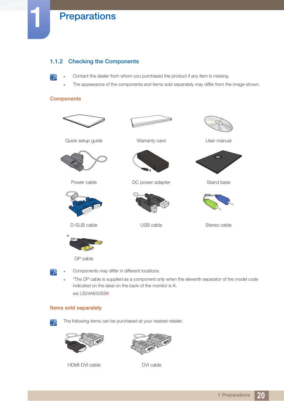 2 checking the components, Checking the components, Preparations | Samsung LS22A650SEV-ZA User Manual | Page 20 / 94
