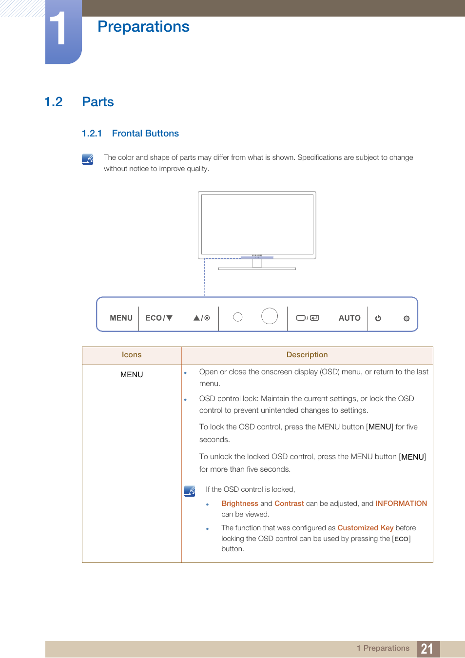 2 parts, 1 frontal buttons, Parts | Frontal buttons, Preparations | Samsung LS22A650SEV-ZA User Manual | Page 21 / 94