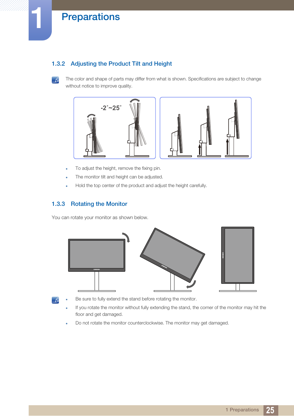 2 adjusting the product tilt and height, 3 rotating the monitor, Adjusting the product tilt and height | Rotating the monitor, Preparations | Samsung LS22A650SEV-ZA User Manual | Page 25 / 94