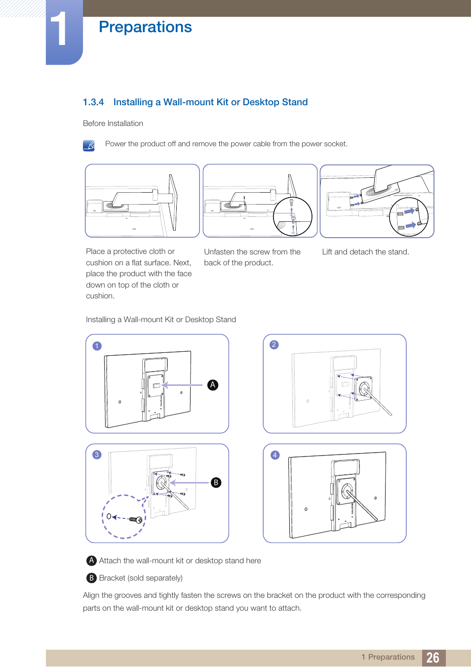 4 installing a wall-mount kit or desktop stand, Installing a wall-mount kit or desktop stand, Preparations | Samsung LS22A650SEV-ZA User Manual | Page 26 / 94