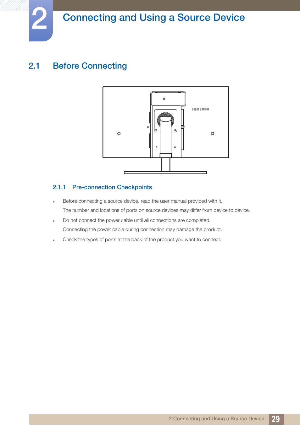 Connecting and using a source device, 1 before connecting, 1 pre-connection checkpoints | Connecting and using, A source device, Before connecting, Pre-connection checkpoints | Samsung LS22A650SEV-ZA User Manual | Page 29 / 94