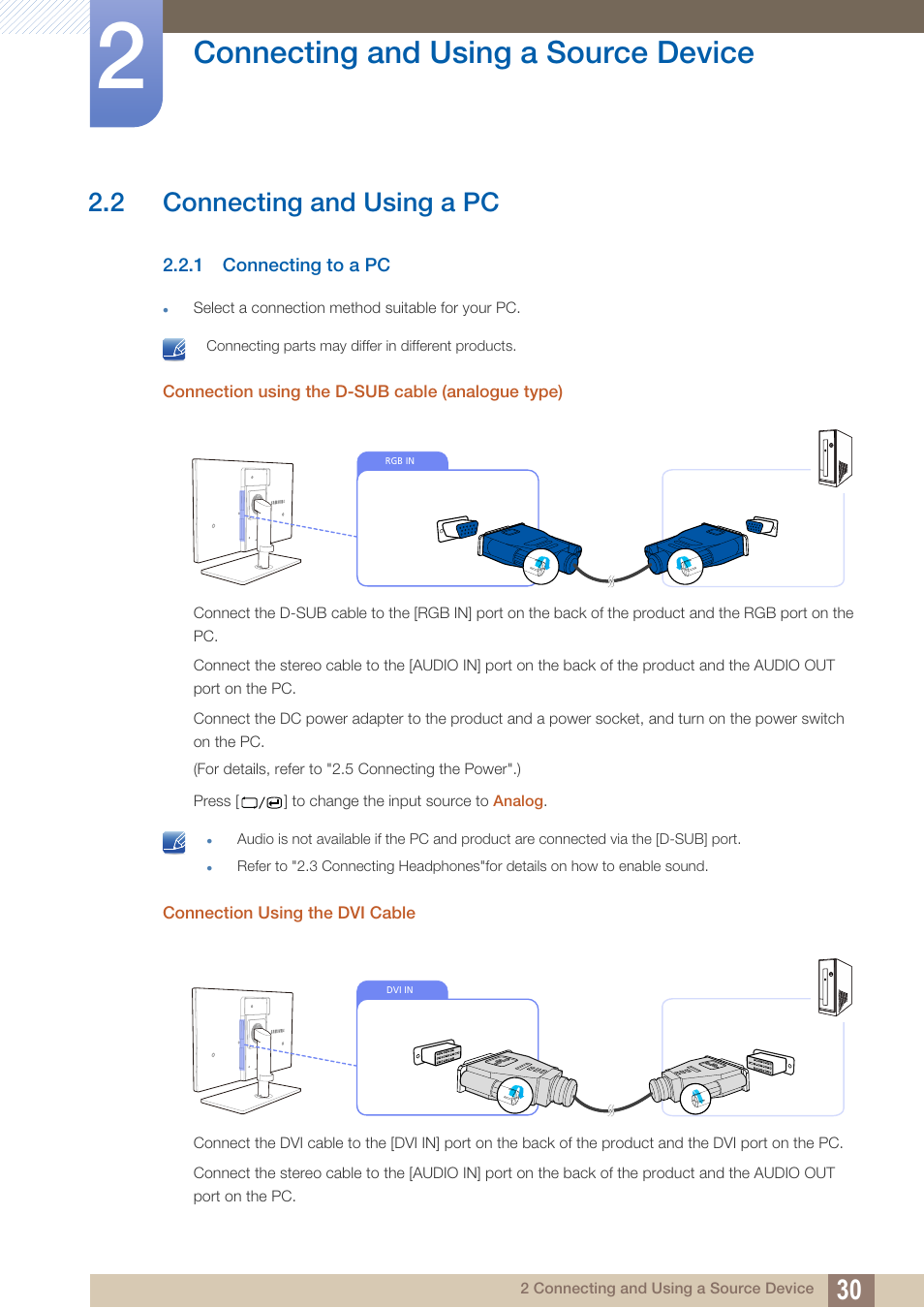 2 connecting and using a pc, 1 connecting to a pc, Connecting and using a pc | Connecting to a pc, Connecting and using a source device | Samsung LS22A650SEV-ZA User Manual | Page 30 / 94