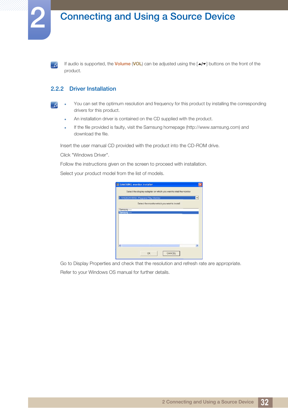 2 driver installation, Driver installation, Connecting and using a source device | Samsung LS22A650SEV-ZA User Manual | Page 32 / 94