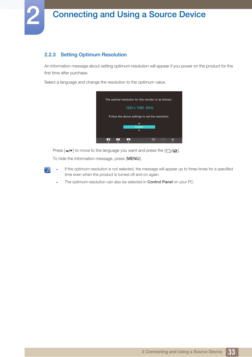 3 setting optimum resolution, Setting optimum resolution, Connecting and using a source device | Samsung LS22A650SEV-ZA User Manual | Page 33 / 94