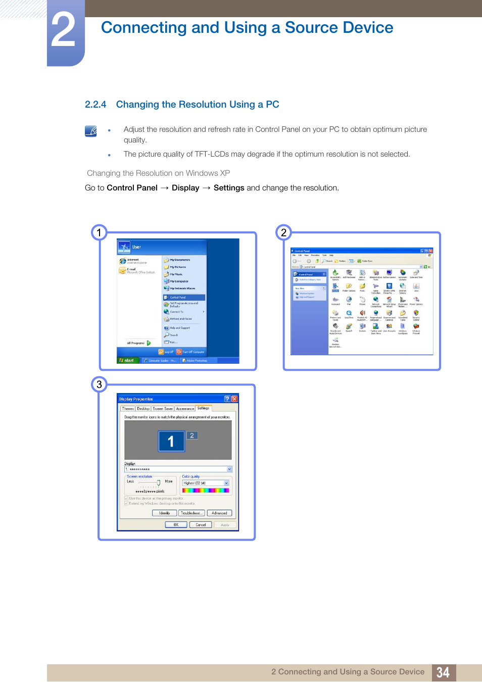 4 changing the resolution using a pc, Changing the resolution using a pc, Connecting and using a source device | Samsung LS22A650SEV-ZA User Manual | Page 34 / 94