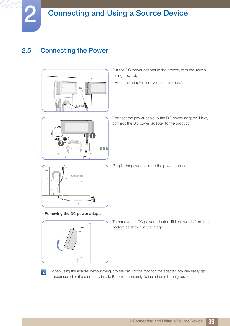 5 connecting the power, Connecting the power, 5 connecting the power".) | Connecting and using a source device | Samsung LS22A650SEV-ZA User Manual | Page 39 / 94