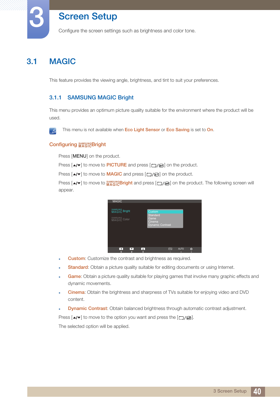 Screen setup, 1 magic, 1 samsung magic bright | Magic, Samsung magic bright | Samsung LS22A650SEV-ZA User Manual | Page 40 / 94