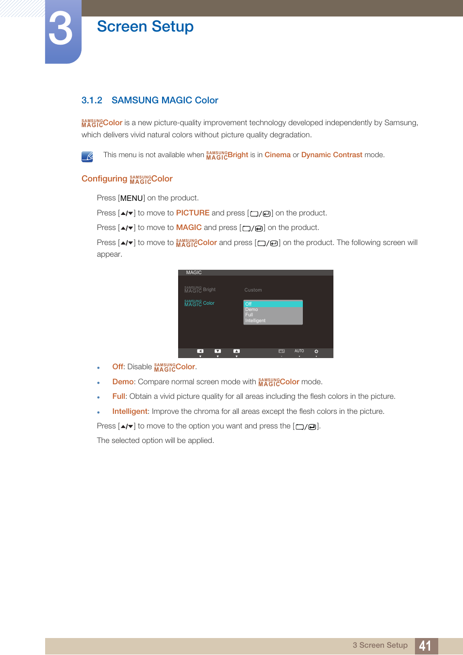 2 samsung magic color, Samsung magic color, Screen setup | Samsung LS22A650SEV-ZA User Manual | Page 41 / 94