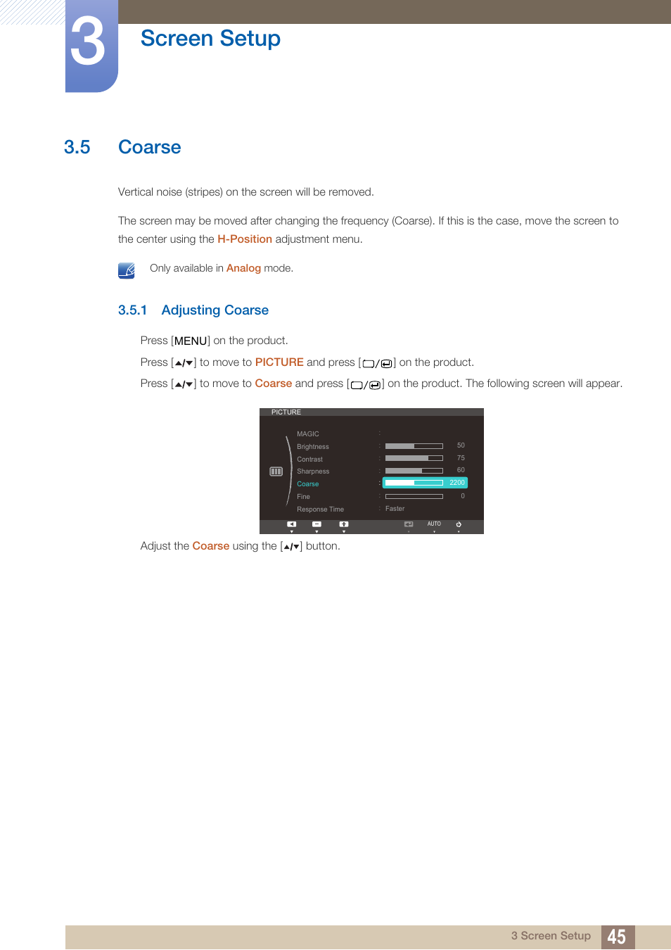 5 coarse, 1 adjusting coarse, Coarse | Adjusting coarse, Screen setup | Samsung LS22A650SEV-ZA User Manual | Page 45 / 94