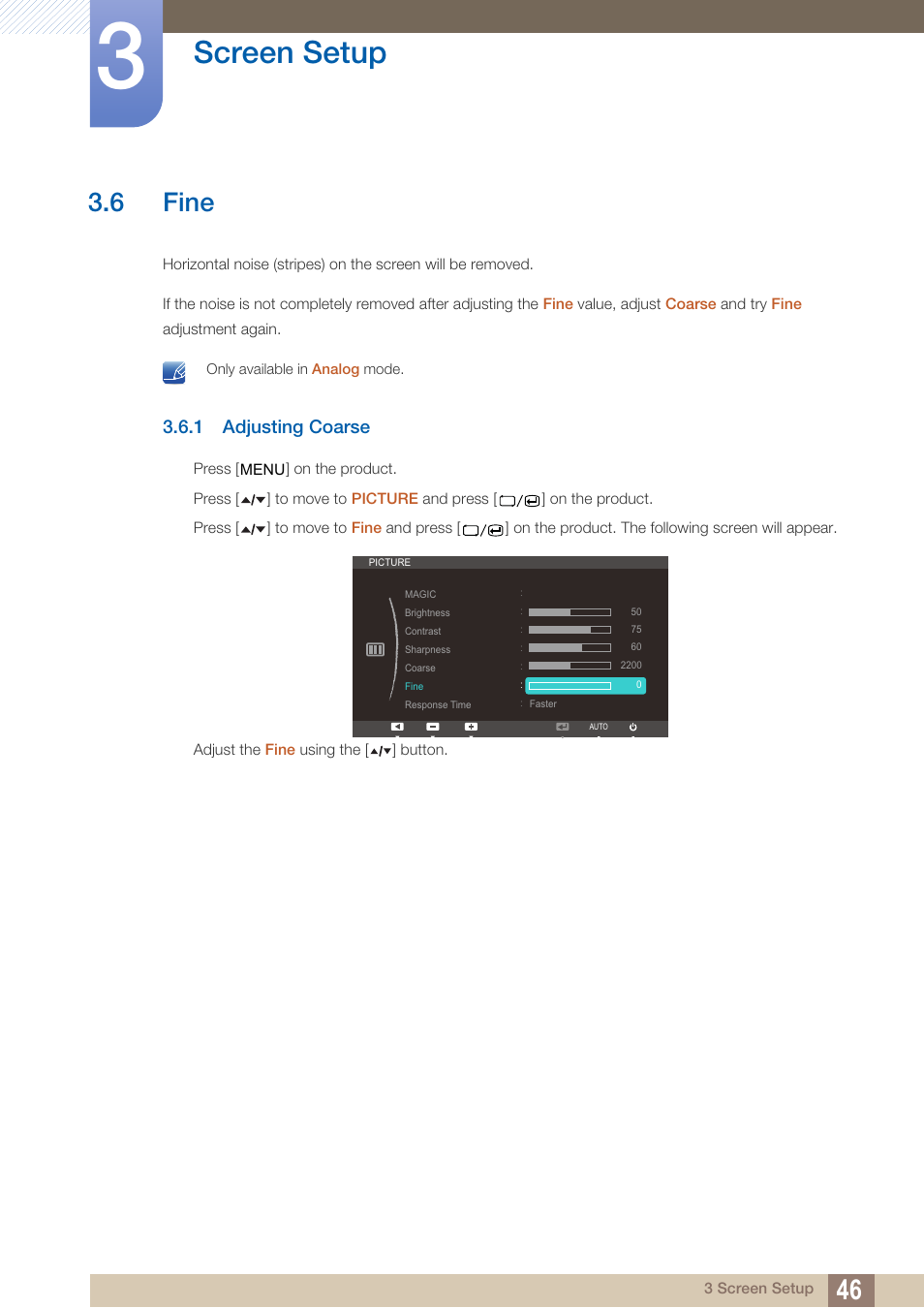 6 fine, 1 adjusting coarse, Fine | Adjusting coarse, Screen setup | Samsung LS22A650SEV-ZA User Manual | Page 46 / 94