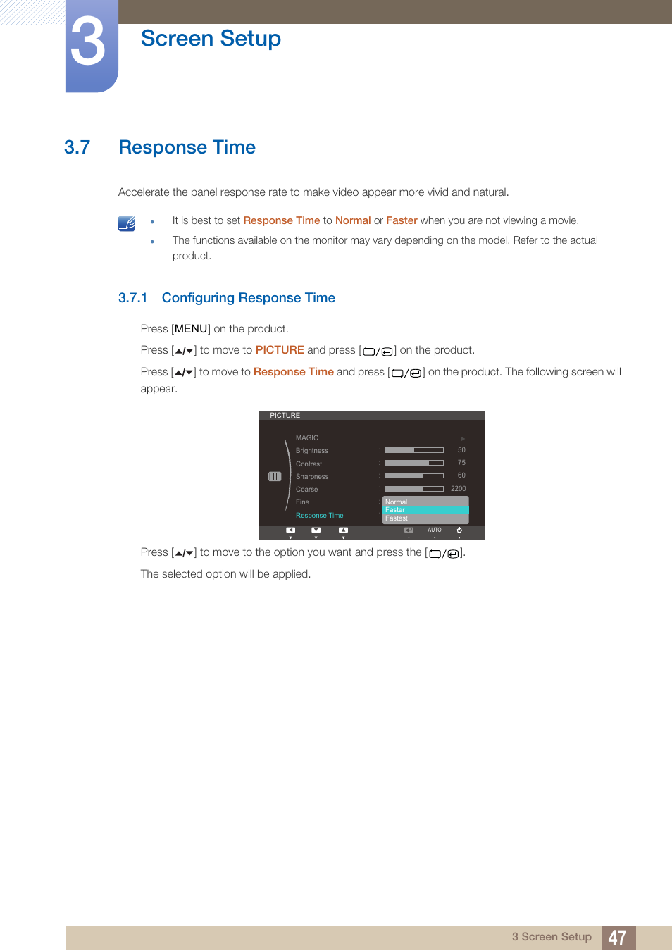 7 response time, 1 configuring response time, Response time | Configuring response time, Screen setup | Samsung LS22A650SEV-ZA User Manual | Page 47 / 94