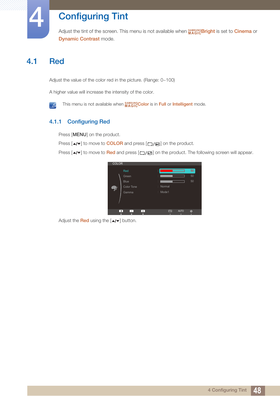 Configuring tint, 1 red, 1 configuring red | Configuring red | Samsung LS22A650SEV-ZA User Manual | Page 48 / 94
