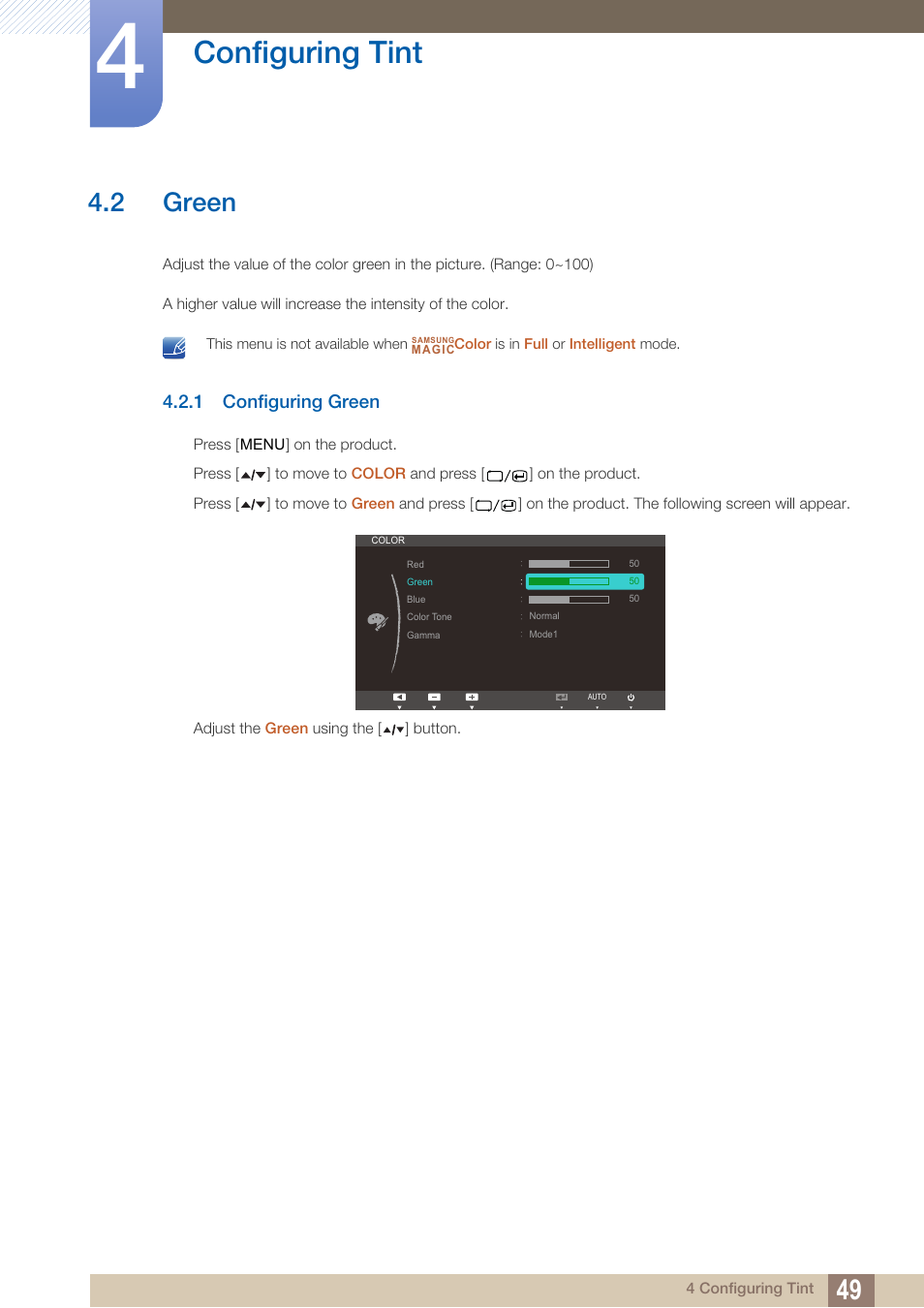 2 green, 1 configuring green, Green | Configuring green, Configuring tint | Samsung LS22A650SEV-ZA User Manual | Page 49 / 94