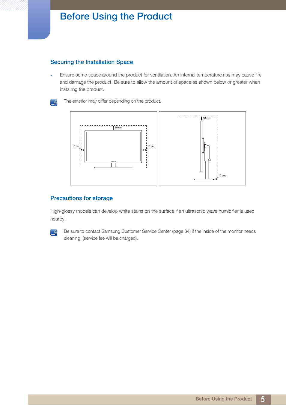 Securing the installation space, Precautions for storage, Before using the product | Samsung LS22A650SEV-ZA User Manual | Page 5 / 94