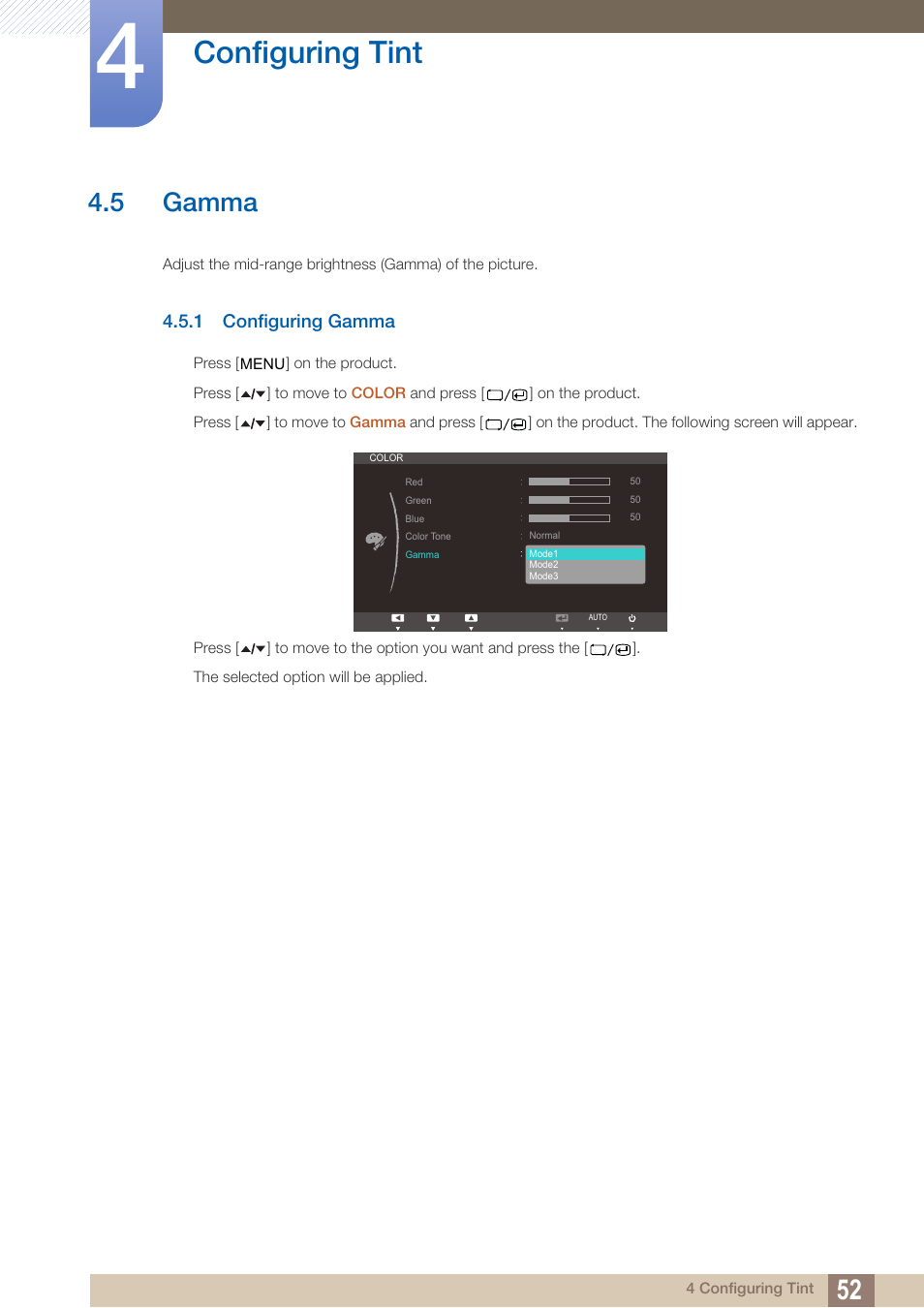 5 gamma, 1 configuring gamma, Gamma | Configuring gamma, Configuring tint | Samsung LS22A650SEV-ZA User Manual | Page 52 / 94