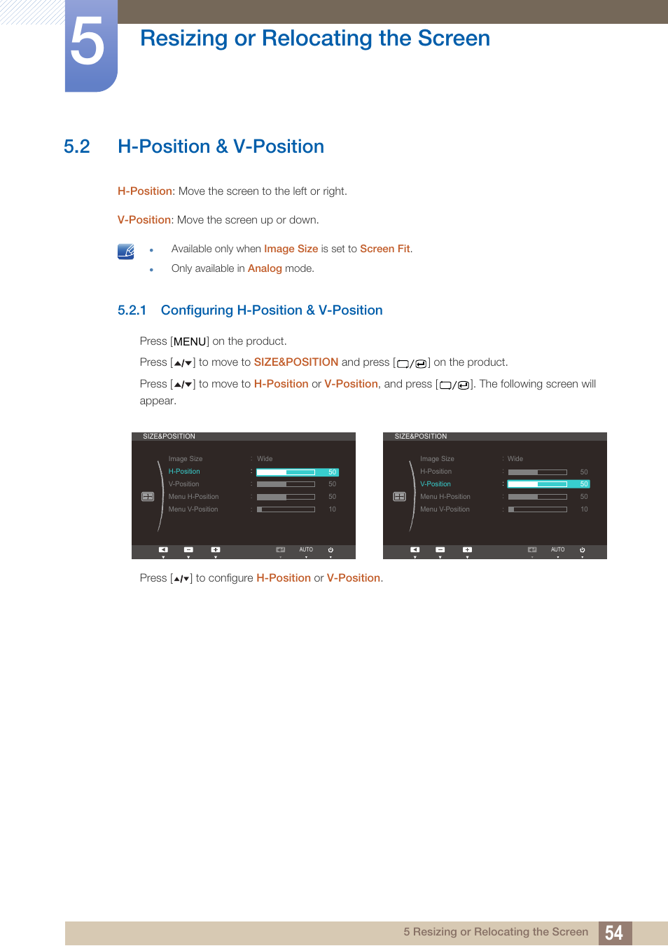 2 h-position & v-position, 1 configuring h-position & v-position, H-position & v-position | Configuring h-position & v-position, Resizing or relocating the screen | Samsung LS22A650SEV-ZA User Manual | Page 54 / 94