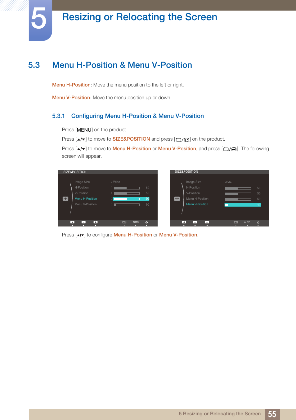 3 menu h-position & menu v-position, 1 configuring menu h-position & menu v-position, Menu h-position & menu v-position | Configuring menu h-position & menu v- position, Resizing or relocating the screen | Samsung LS22A650SEV-ZA User Manual | Page 55 / 94