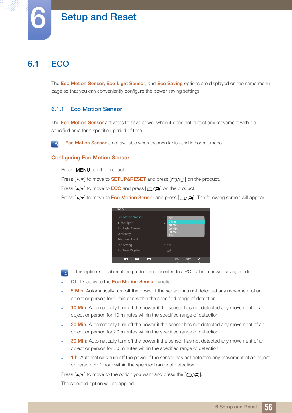 Setup and reset, 1 eco, 1 eco motion sensor | Eco motion sensor | Samsung LS22A650SEV-ZA User Manual | Page 56 / 94