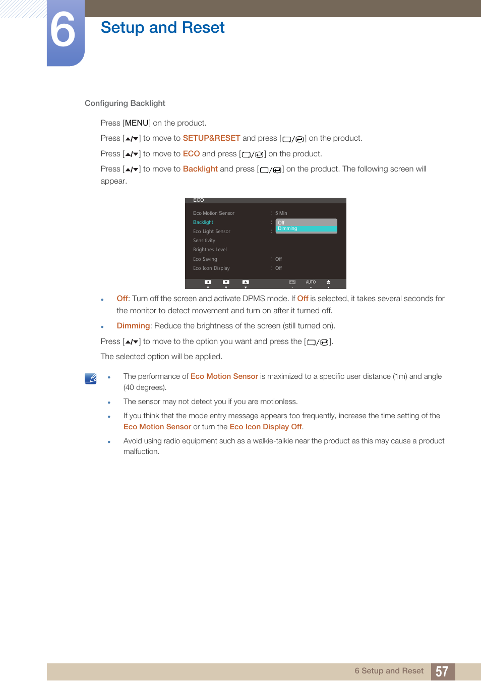 Setup and reset | Samsung LS22A650SEV-ZA User Manual | Page 57 / 94