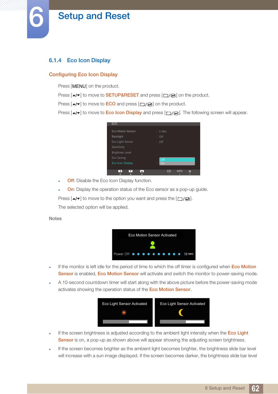 4 eco icon display, Eco icon display, Setup and reset | Samsung LS22A650SEV-ZA User Manual | Page 62 / 94