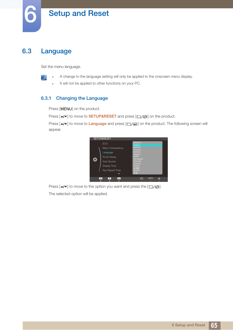 3 language, 1 changing the language, Language | Changing the language, Setup and reset | Samsung LS22A650SEV-ZA User Manual | Page 65 / 94