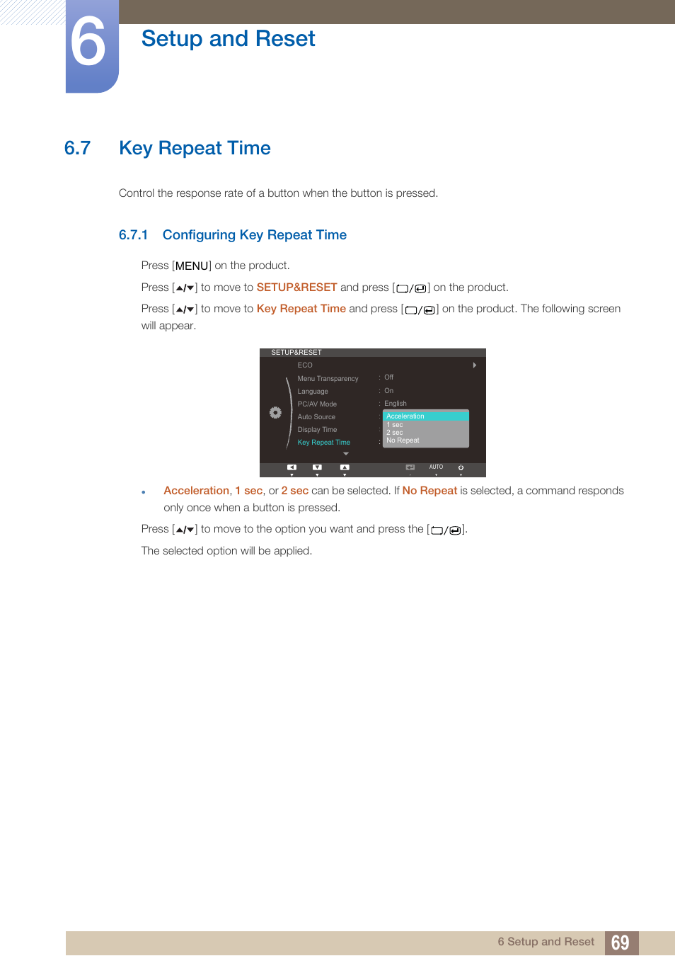 7 key repeat time, 1 configuring key repeat time, Key repeat time | Configuring key repeat time, Setup and reset | Samsung LS22A650SEV-ZA User Manual | Page 69 / 94