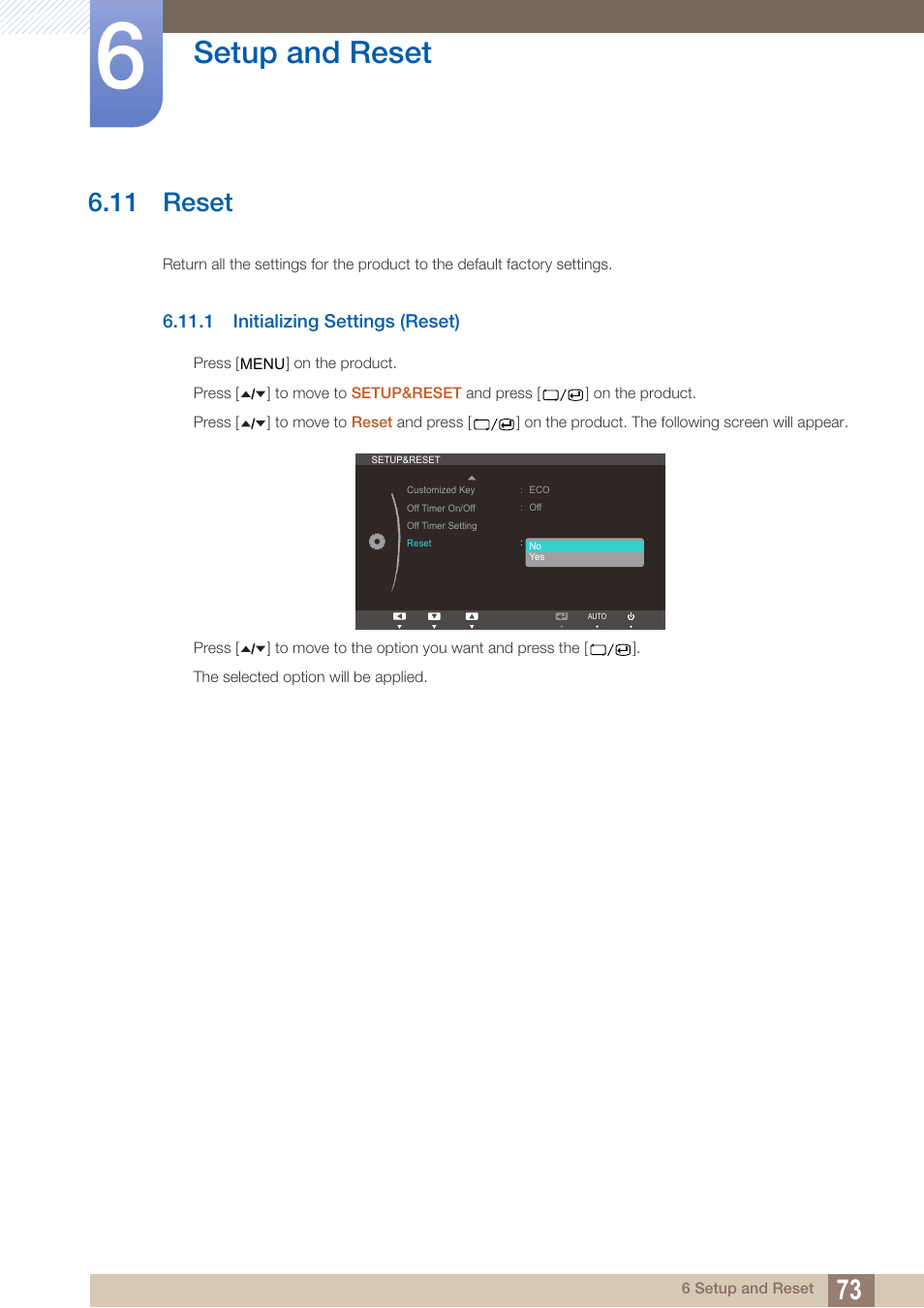 11 reset, 1 initializing settings (reset), Reset | Initializing settings (reset), Setup and reset | Samsung LS22A650SEV-ZA User Manual | Page 73 / 94