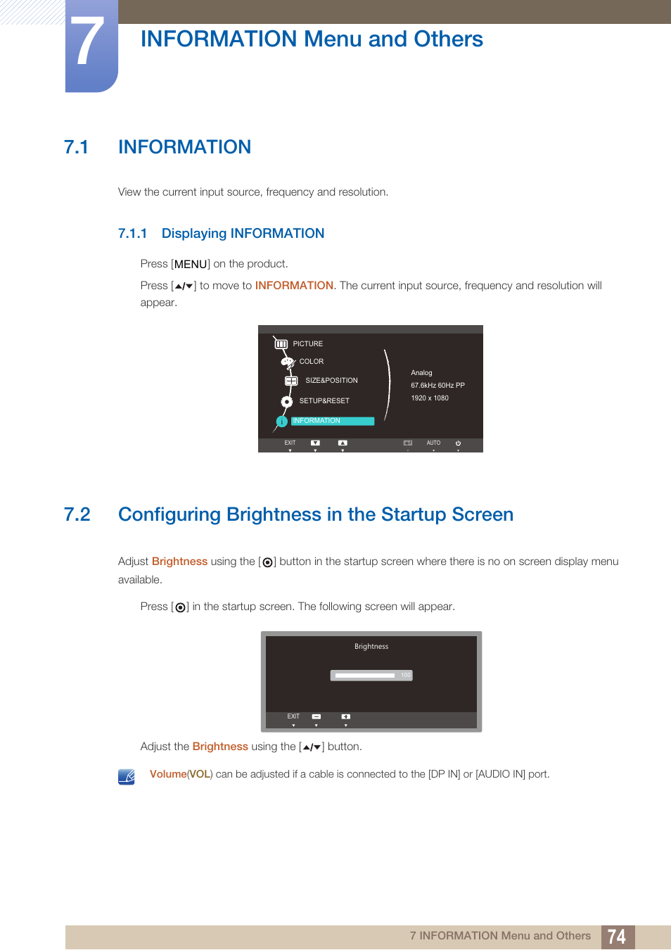 Information menu and others, 1 information, 1 displaying information | 2 configuring brightness in the startup screen, Information menu and, Others, Information, Displaying information, Configuring brightness in the startup screen | Samsung LS22A650SEV-ZA User Manual | Page 74 / 94