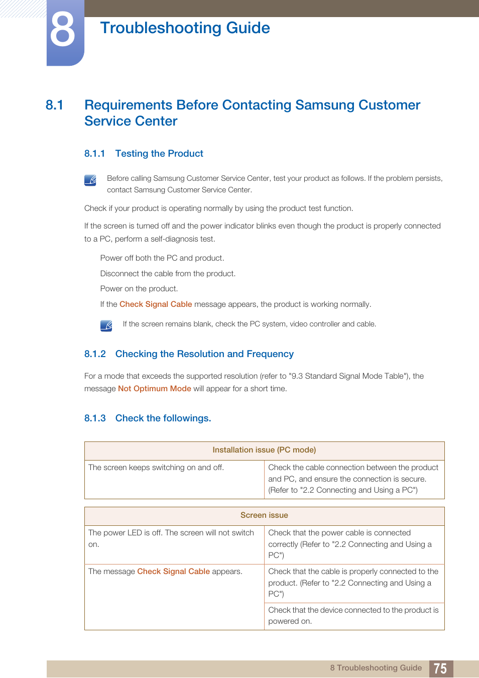 Troubleshooting guide, 1 testing the product, 2 checking the resolution and frequency | 3 check the followings, Troubleshooting, Guide, Testing the product, Checking the resolution and frequency, Check the followings | Samsung LS22A650SEV-ZA User Manual | Page 75 / 94