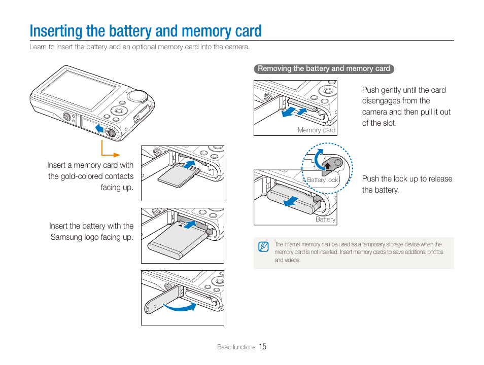 Inserting the battery and memory card | Samsung EC-PL100ZBPSPA User Manual | Page 16 / 100