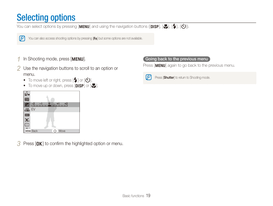 Selecting options | Samsung EC-PL100ZBPSPA User Manual | Page 20 / 100