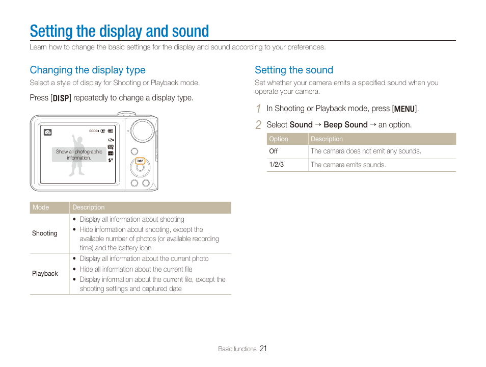 Setting the display and sound, Changing the display type, Setting the sound | Changing the display type ………………………………… 21, Setting the sound …………………………………………… 21 | Samsung EC-PL100ZBPSPA User Manual | Page 22 / 100