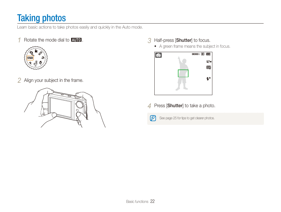 Taking photos | Samsung EC-PL100ZBPSPA User Manual | Page 23 / 100