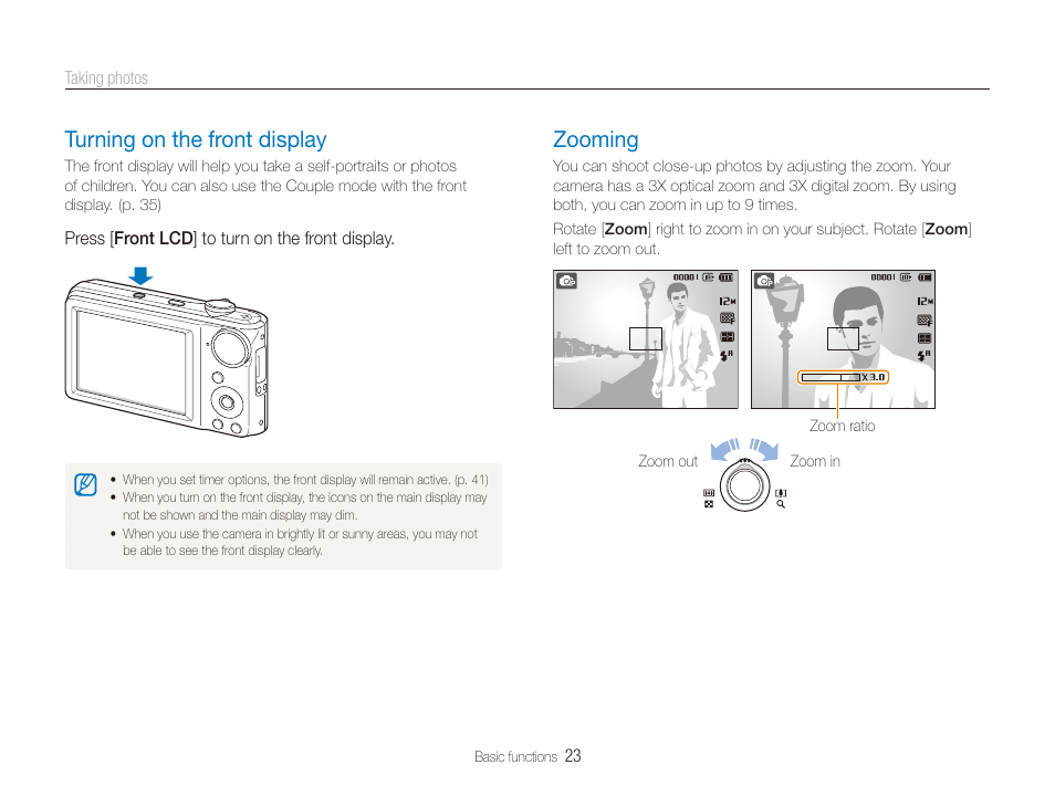 Turning on the front display, Zooming, Turning on the front display ………………………………… 23 | Zooming …………………………………………………… 23 | Samsung EC-PL100ZBPSPA User Manual | Page 24 / 100