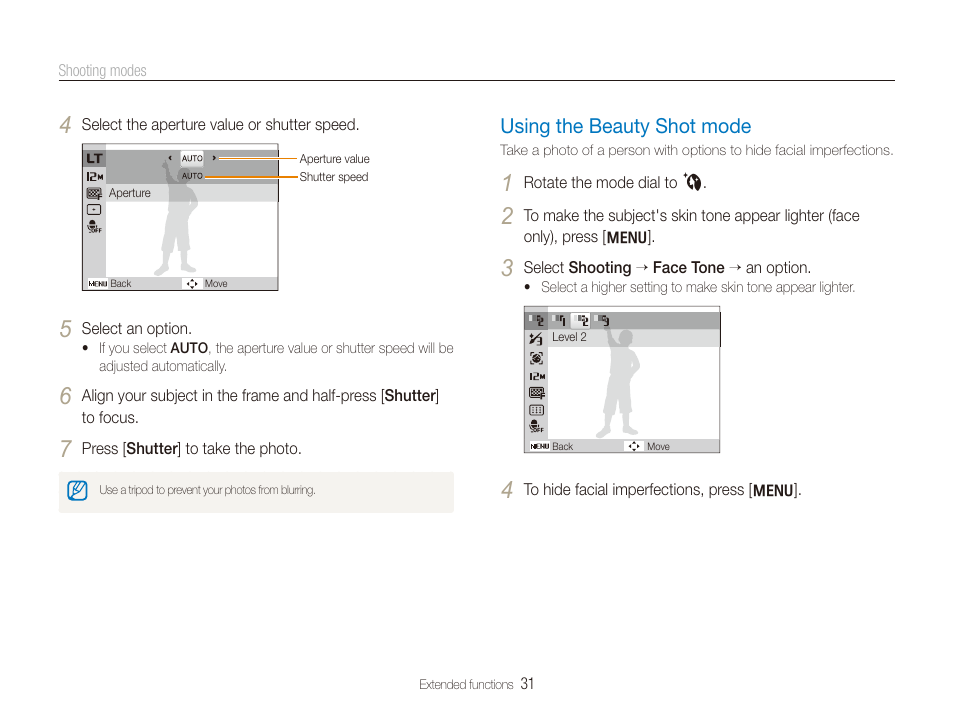 Using the beauty shot mode, Using the beauty shot mode ……………………………… 31 | Samsung EC-PL100ZBPSPA User Manual | Page 32 / 100