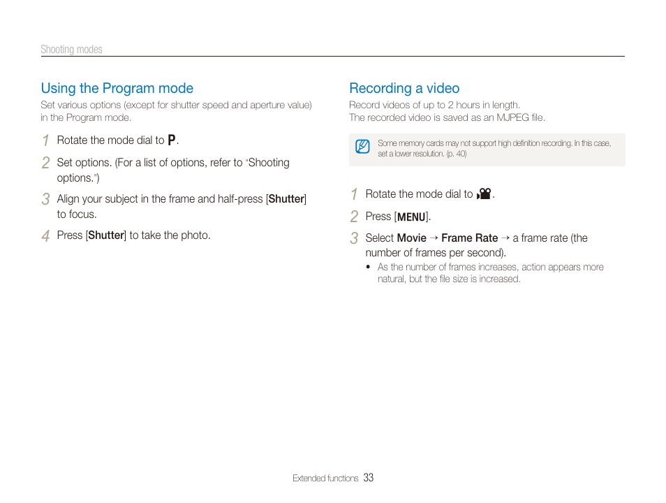 Using the program mode, Recording a video, Using the program mode …………………………………… 33 | Recording a video …………………………………………… 33 | Samsung EC-PL100ZBPSPA User Manual | Page 34 / 100