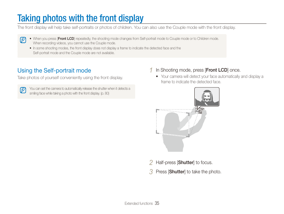 Taking photos with the front display, Using the self-portrait mode, Using the self-portrait mode ……………………………… 35 | Samsung EC-PL100ZBPSPA User Manual | Page 36 / 100